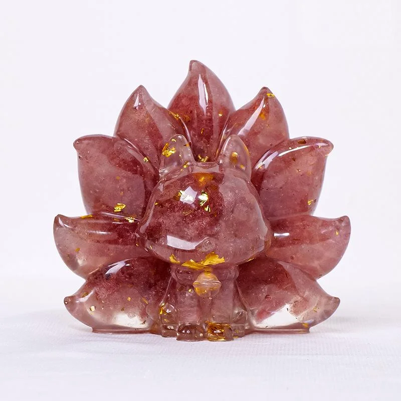 Crystal Chip Nine-Tailed Fox Figurine – Resin Feng Shui Decor in 7 Gemstone Options
