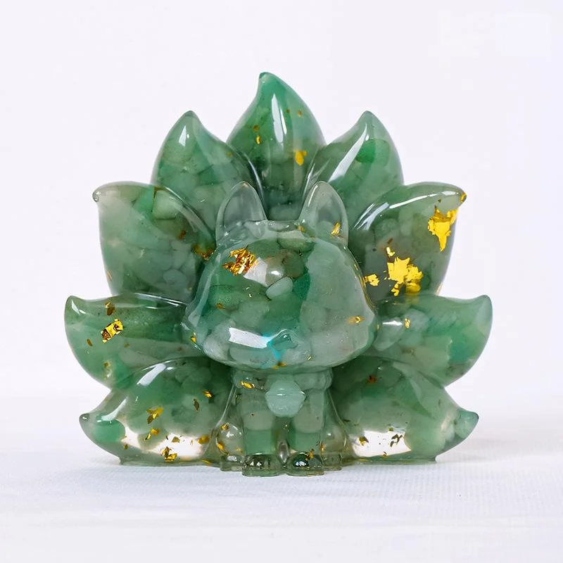 Crystal Chip Nine-Tailed Fox Figurine – Resin Feng Shui Decor in 7 Gemstone Options