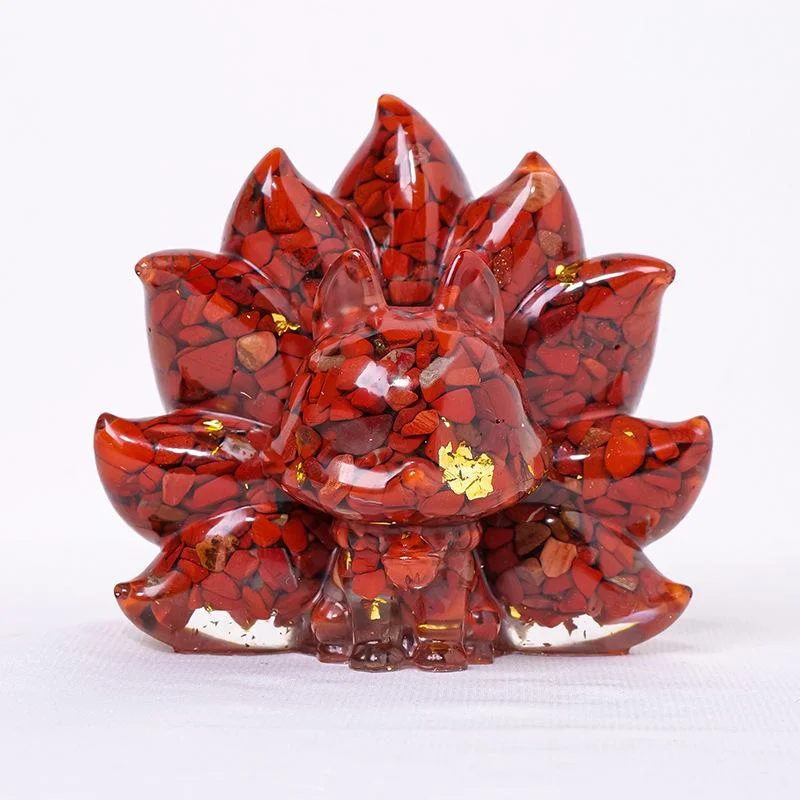 Crystal Chip Nine-Tailed Fox Figurine – Resin Feng Shui Decor in 7 Gemstone Options