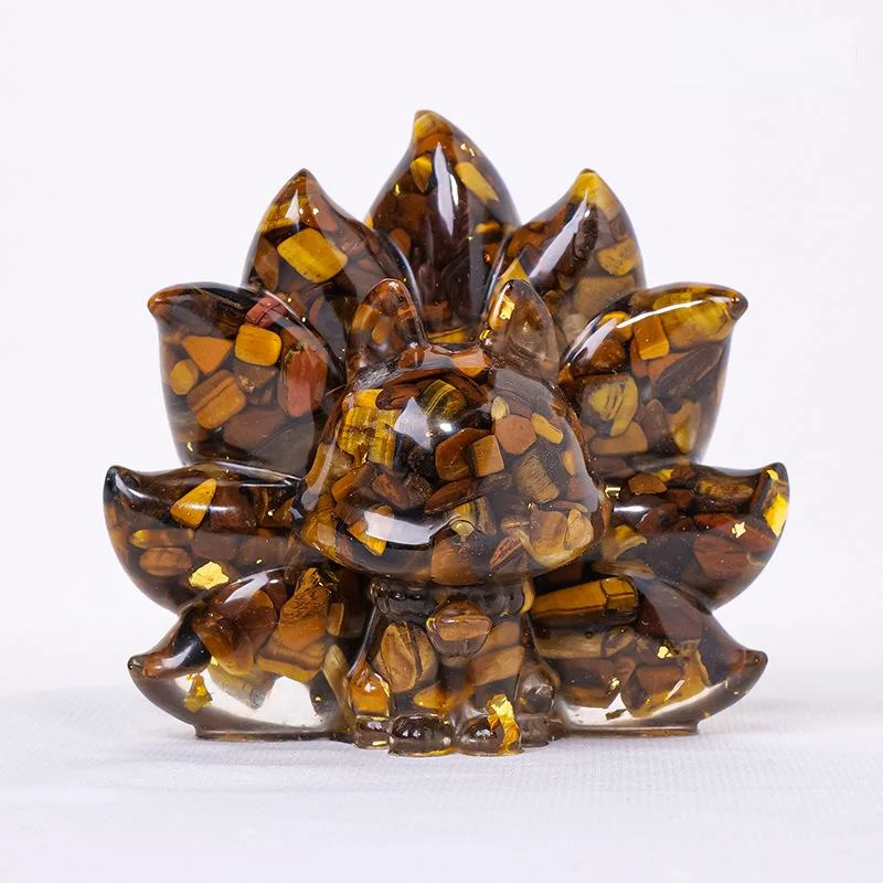 Crystal Chip Nine-Tailed Fox Figurine – Resin Feng Shui Decor in 7 Gemstone Options