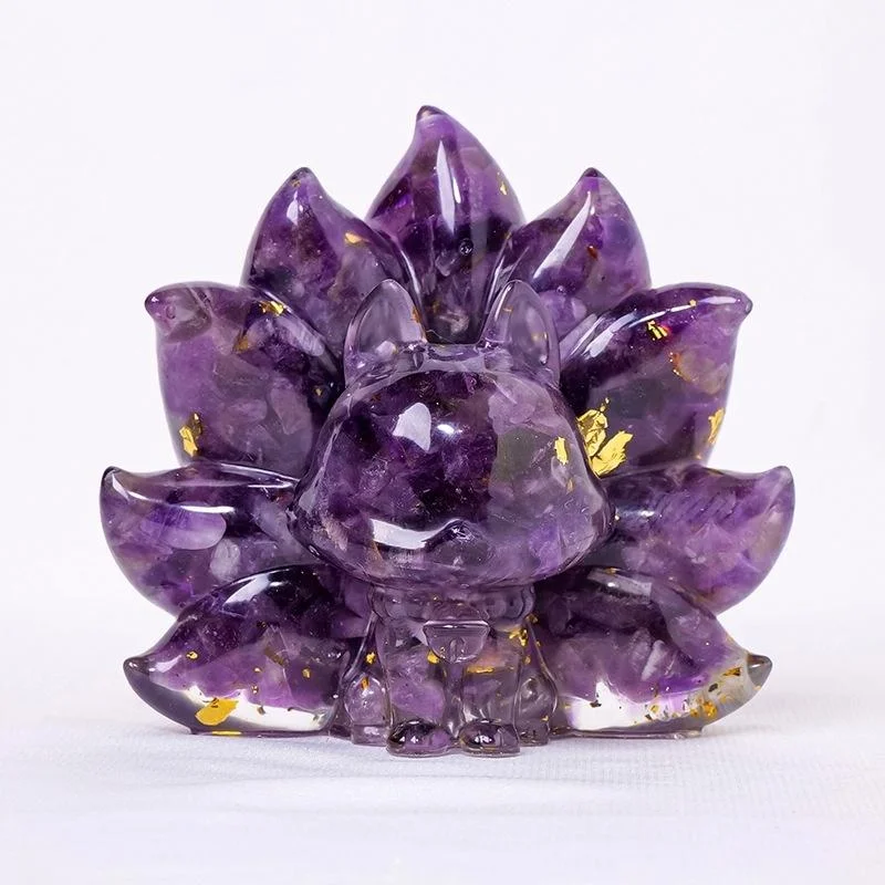 Crystal Chip Nine-Tailed Fox Figurine – Resin Feng Shui Decor in 7 Gemstone Options