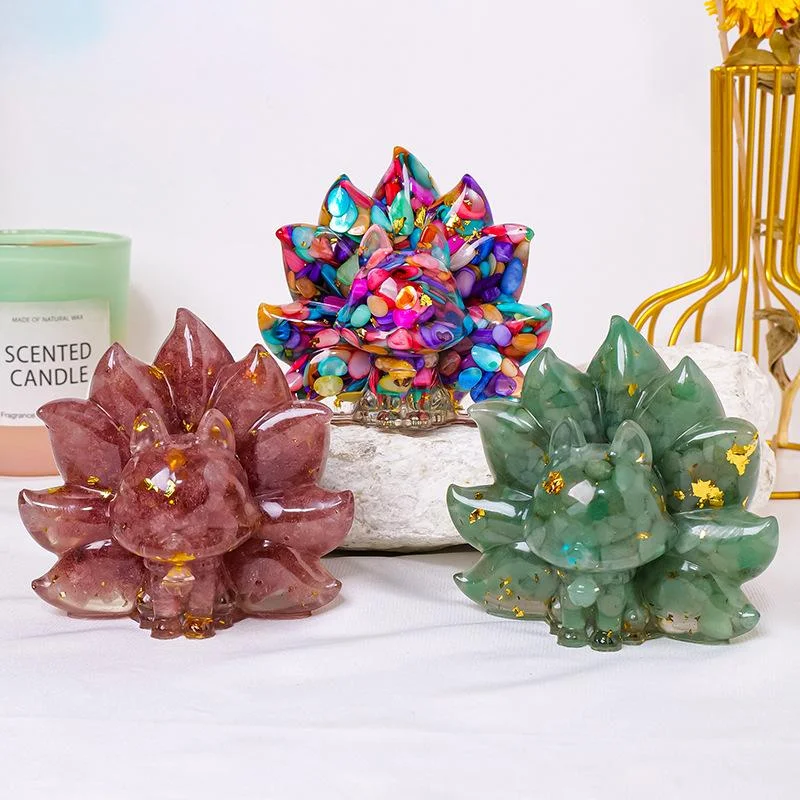 Crystal Chip Nine-Tailed Fox Figurine – Resin Feng Shui Decor in 7 Gemstone Options