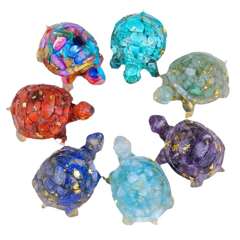 Crystal Chip Turtle Figurine – Resin Feng Shui Decor in 8 Gemstone Options