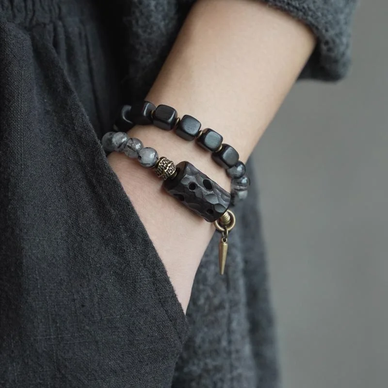Ebony Wood & Black Rutilated Quartz Double-Wrap Bracelet – Grounding Protection Jewelry