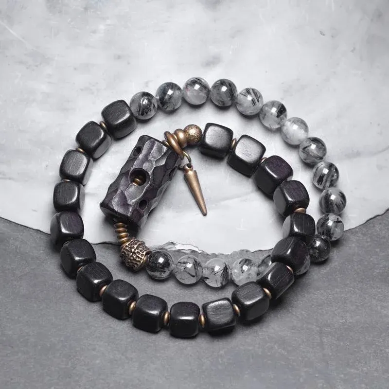 Ebony Wood & Black Rutilated Quartz Double-Wrap Bracelet – Grounding Protection Jewelry