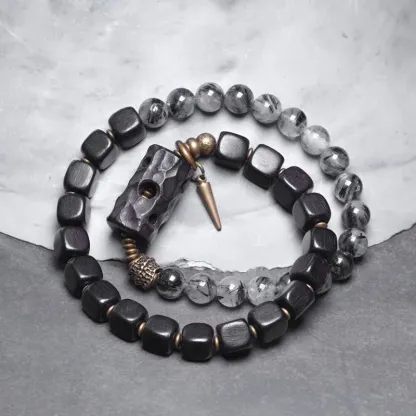 Ebony Wood & Black Rutilated Quartz Double-Wrap Bracelet – Grounding Protection Jewelry