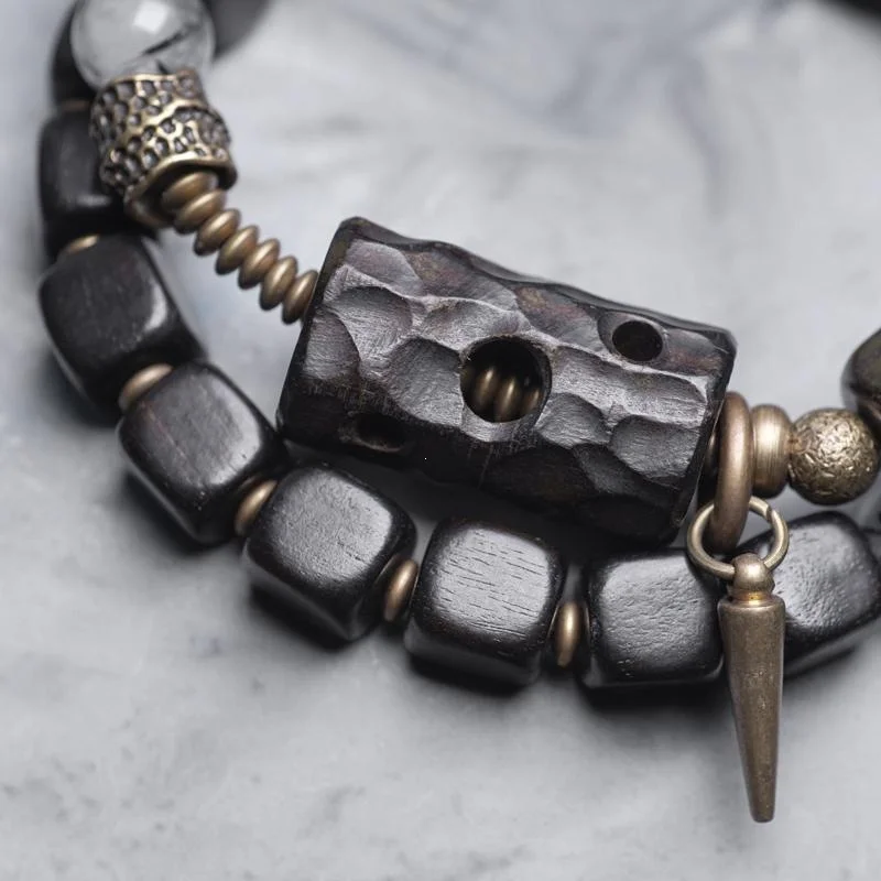 Ebony Wood & Black Rutilated Quartz Double-Wrap Bracelet – Grounding Protection Jewelry
