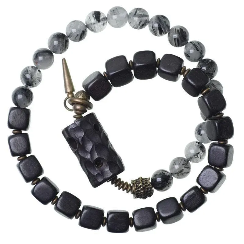Ebony Wood & Black Rutilated Quartz Double-Wrap Bracelet – Grounding Protection Jewelry