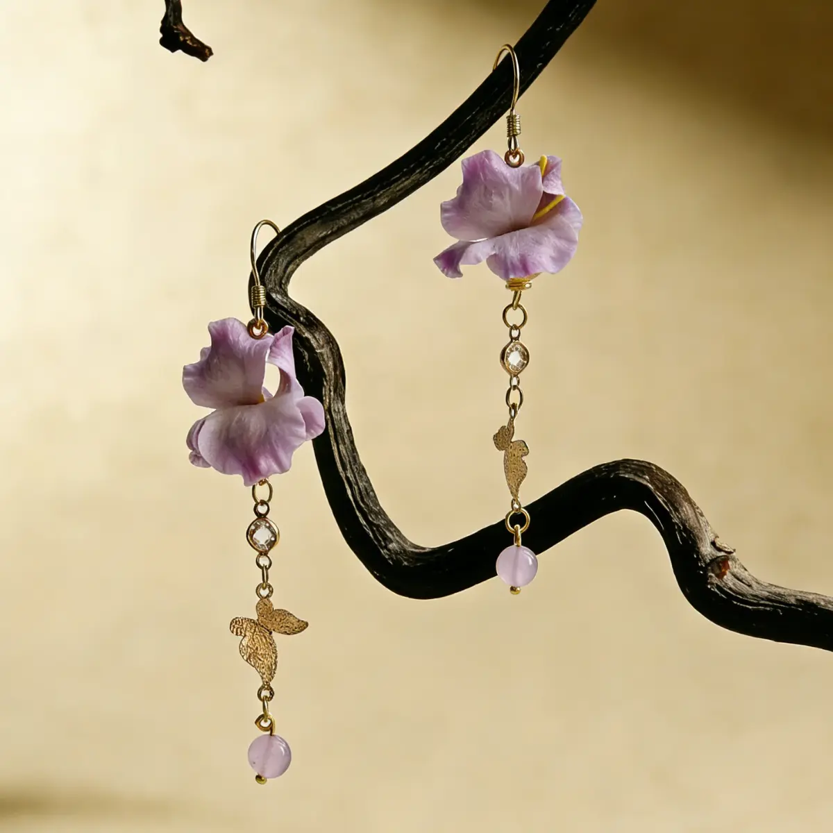 Ethereal Iris & Butterfly Mulberry Silk Tassel Earrings