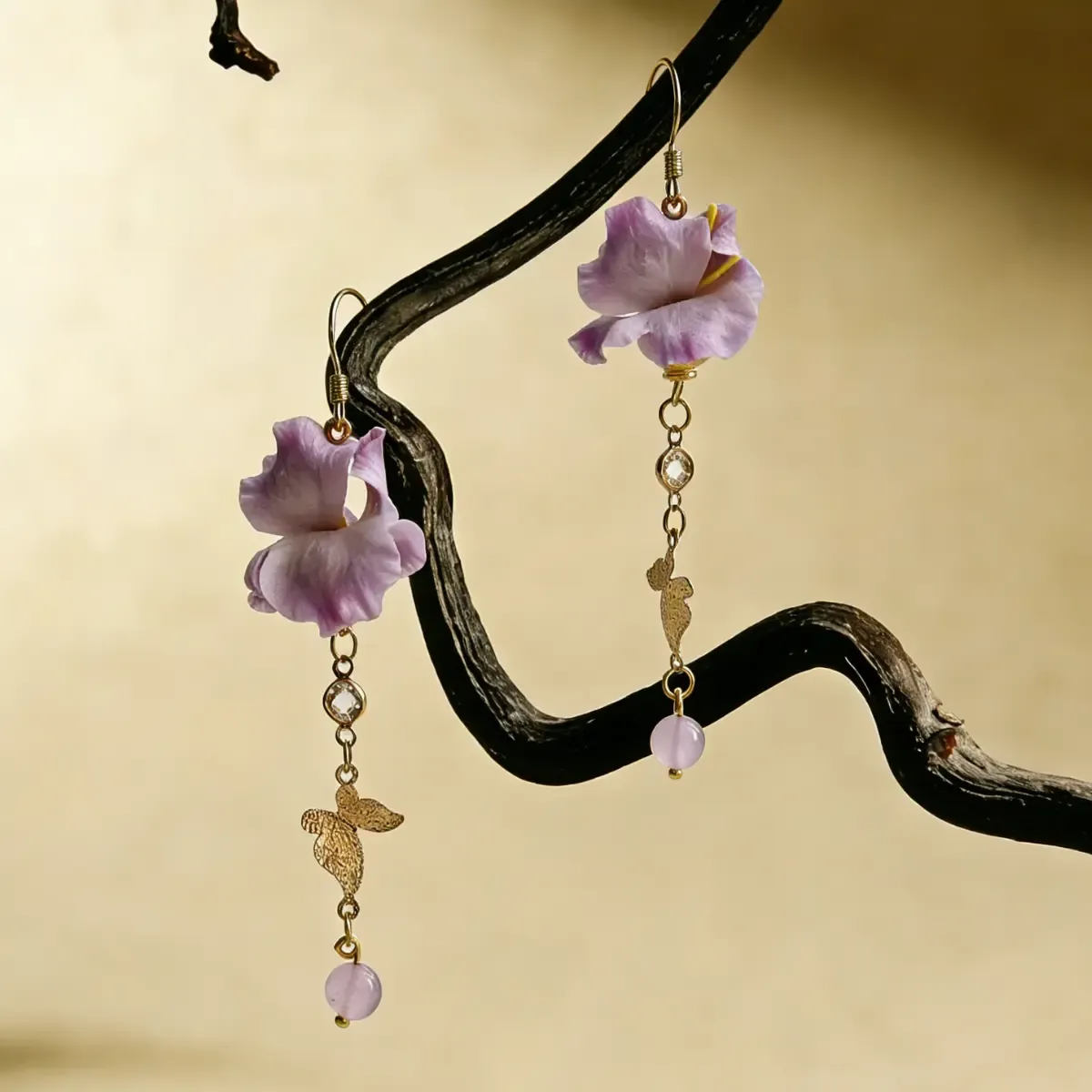 Ethereal Iris & Butterfly Mulberry Silk Tassel Earrings