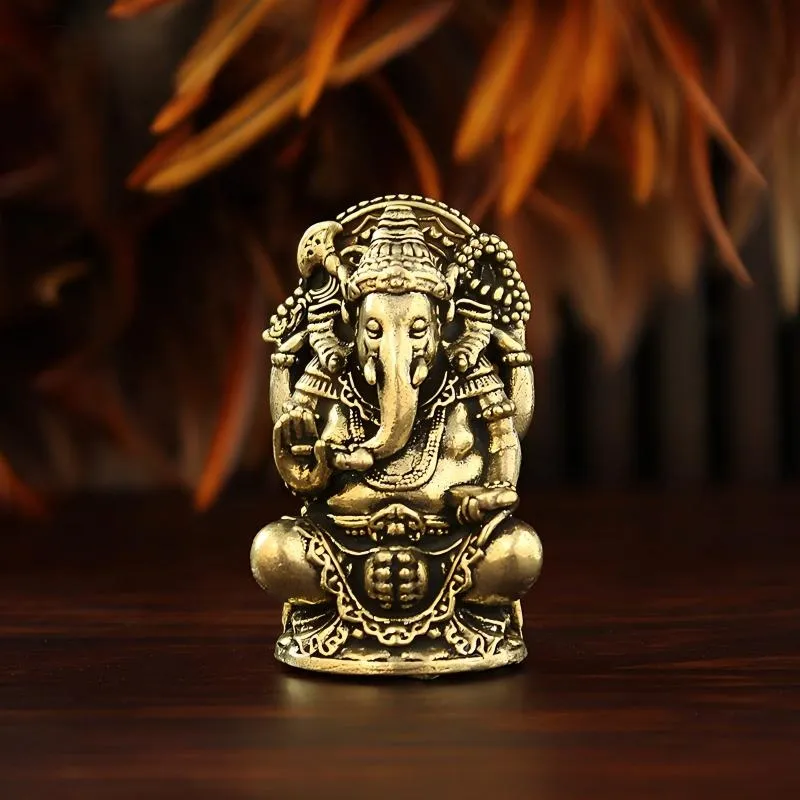 Four-Armed Brass Ganesha Statue – Mini Hindu Idol for Home, Office & Altar Decor
