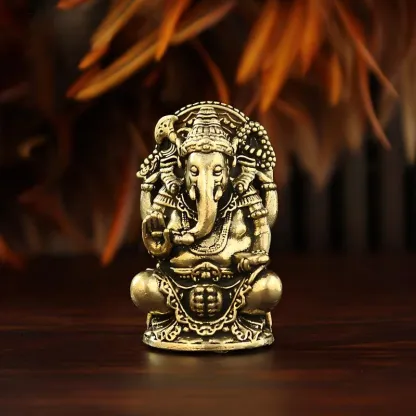 Four-Armed Brass Ganesha Statue – Mini Hindu Idol for Home, Office & Altar Decor