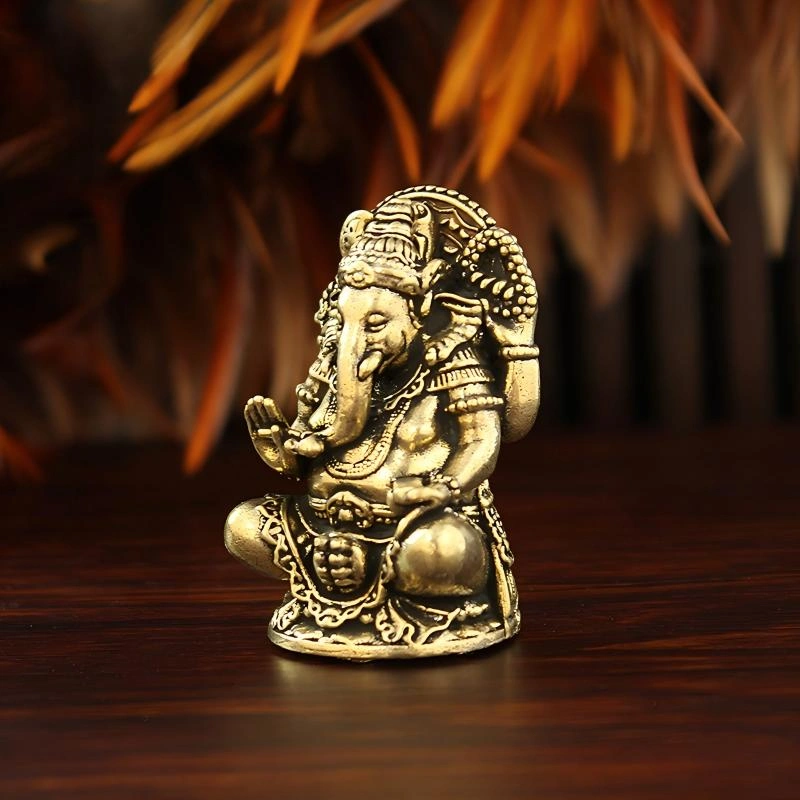 Four-Armed Brass Ganesha Statue – Mini Hindu Idol for Home, Office & Altar Decor