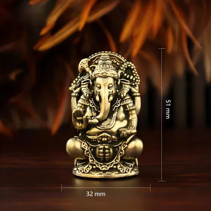 Four-Armed Brass Ganesha Statue – Mini Hindu Idol for Home, Office & Altar Decor