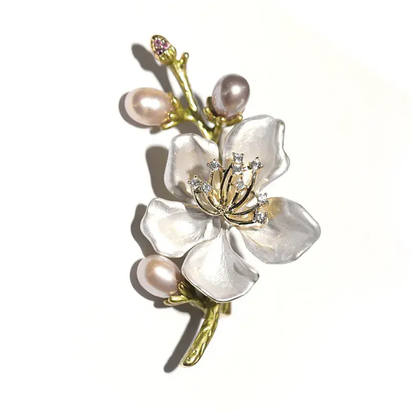 Freshwater Pearl Enamel Begonia Flower Brooch for French Elegance & Timeless Sophistication