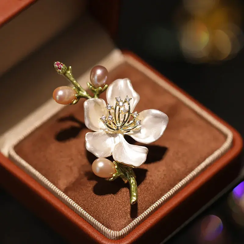 Freshwater Pearl Enamel Begonia Flower Brooch for French Elegance & Timeless Sophistication