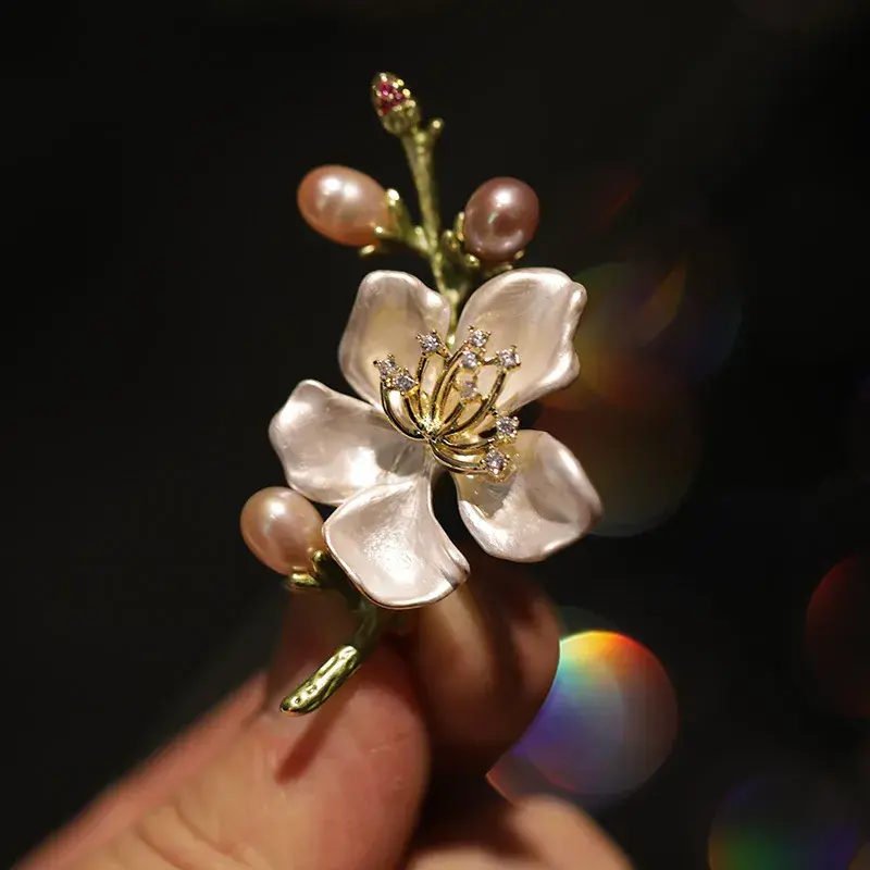 Freshwater Pearl Enamel Begonia Flower Brooch for French Elegance & Timeless Sophistication