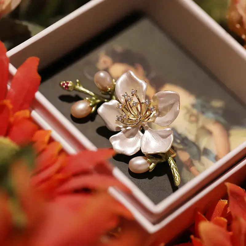 Freshwater Pearl Enamel Begonia Flower Brooch for French Elegance & Timeless Sophistication