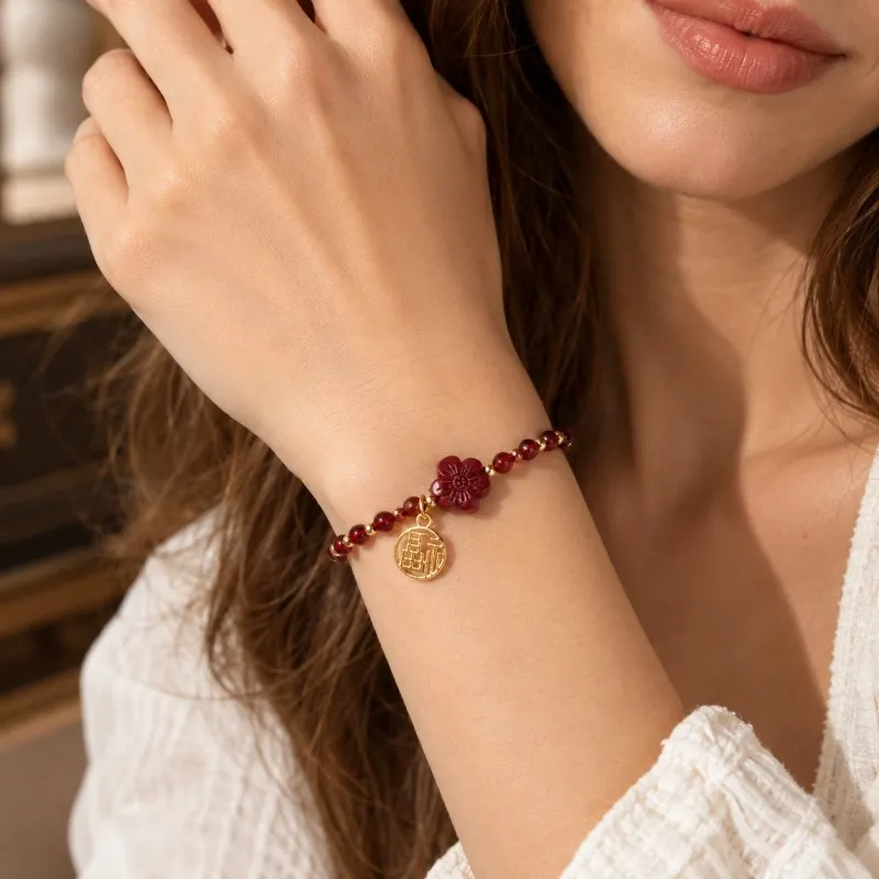 Garnet & Cinnabar Flower Fu Charm Bracelet – Lucky Red Gemstone Jewelry