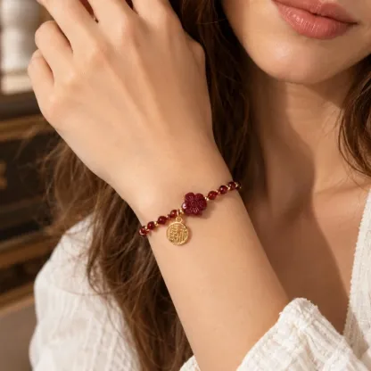 Garnet & Cinnabar Flower Fu Charm Bracelet – Lucky Red Gemstone Jewelry