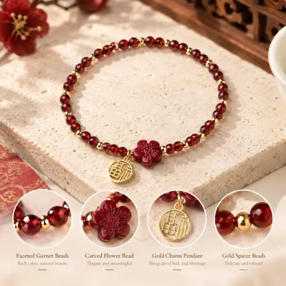Garnet & Cinnabar Flower Fu Charm Bracelet – Lucky Red Gemstone Jewelry