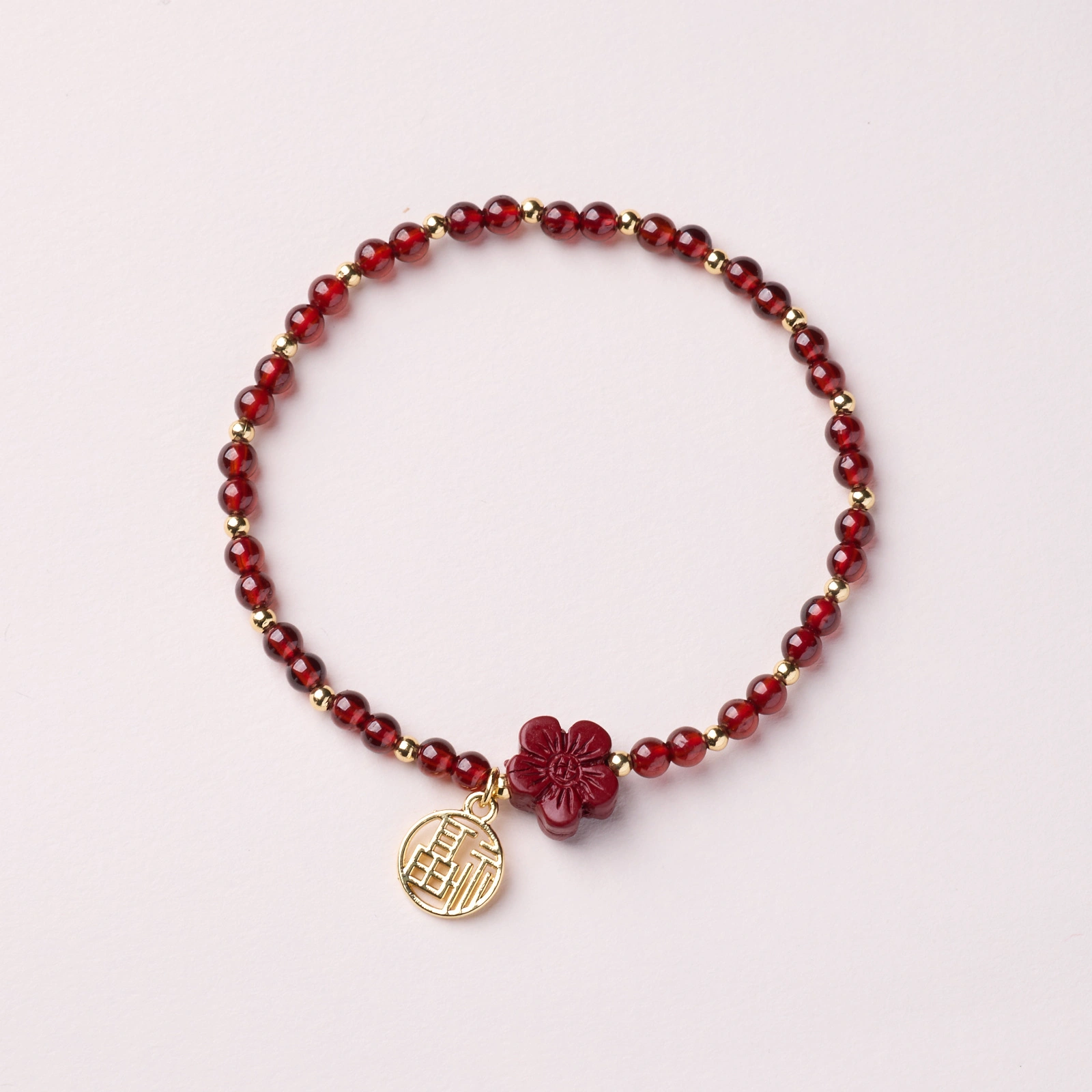 Garnet & Cinnabar Flower Fu Charm Bracelet – Lucky Red Gemstone Jewelry