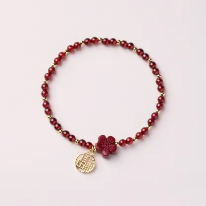 Garnet & Cinnabar Flower Fu Charm Bracelet – Lucky Red Gemstone Jewelry