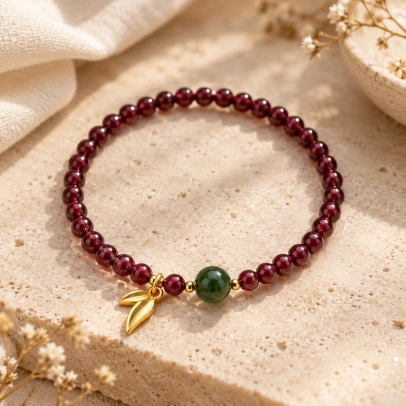 Garnet & Nephrite Jade Bamboo Leaf Bracelet – Growth, Resilience & Vitality