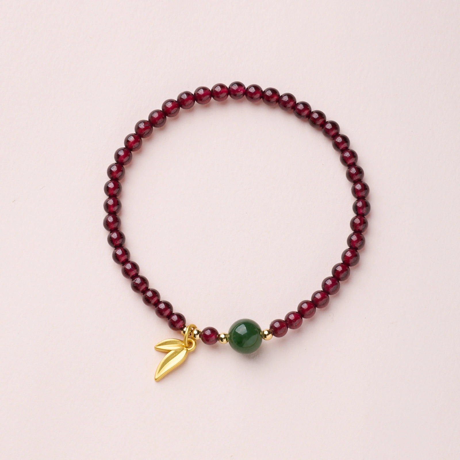 Garnet & Nephrite Jade Bamboo Leaf Bracelet – Growth, Resilience & Vitality