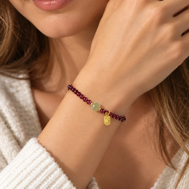 Garnet & Qing Shui Hetian Jade Fu Blessing Bracelet – Vitality, Harmony & Good Fortune