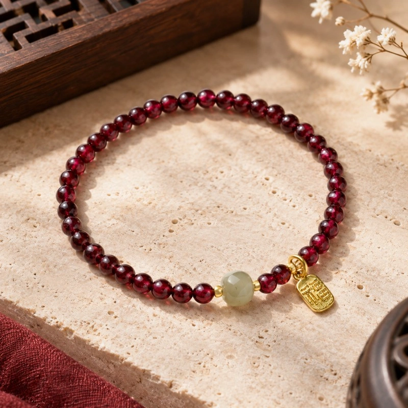 Garnet & Qing Shui Hetian Jade Fu Blessing Bracelet – Vitality, Harmony & Good Fortune
