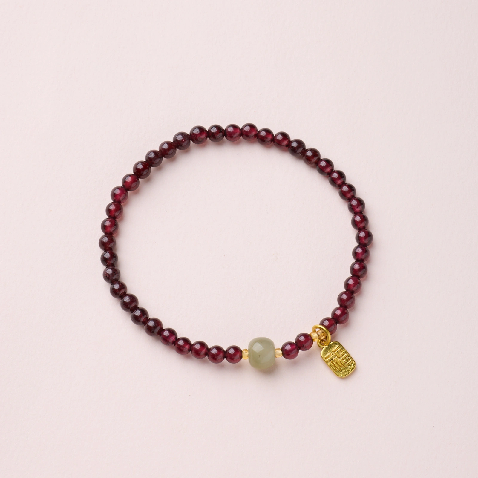 Garnet & Qing Shui Hetian Jade Fu Blessing Bracelet – Vitality, Harmony & Good Fortune