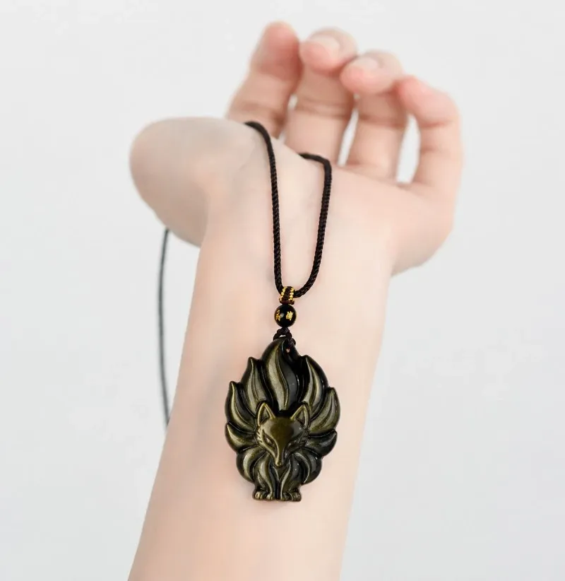 Golden Sheen Obsidian Nine-Tailed Fox Pendant Necklace – Protection, Charisma & Transformative Power