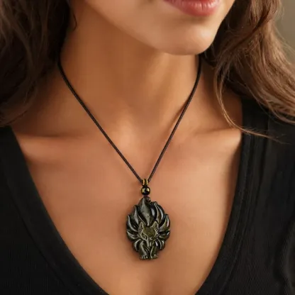Golden Sheen Obsidian Nine-Tailed Fox Pendant Necklace – Protection, Charisma & Transformative Power