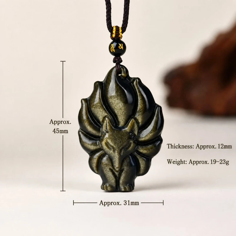 Golden Sheen Obsidian Nine-Tailed Fox Pendant Necklace – Protection, Charisma & Transformative Power