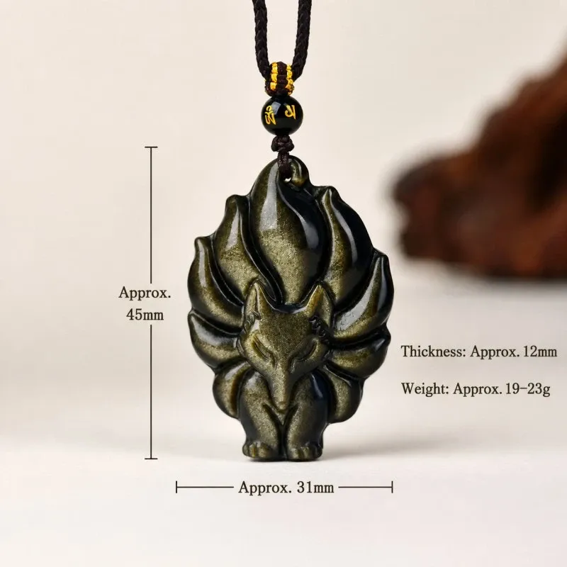 Golden Sheen Obsidian Nine-Tailed Fox Pendant Necklace – Protection, Charisma & Transformative Power