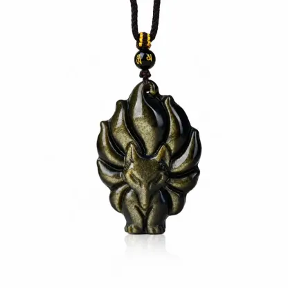 Golden Sheen Obsidian Nine-Tailed Fox Pendant Necklace – Protection, Charisma & Transformative Power