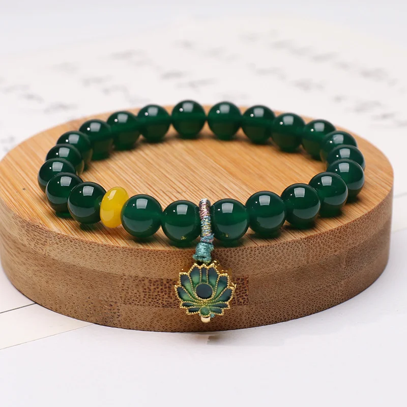 Green Agate Lotus Bracelet – 8 mm Beads for Balance & New Beginnings