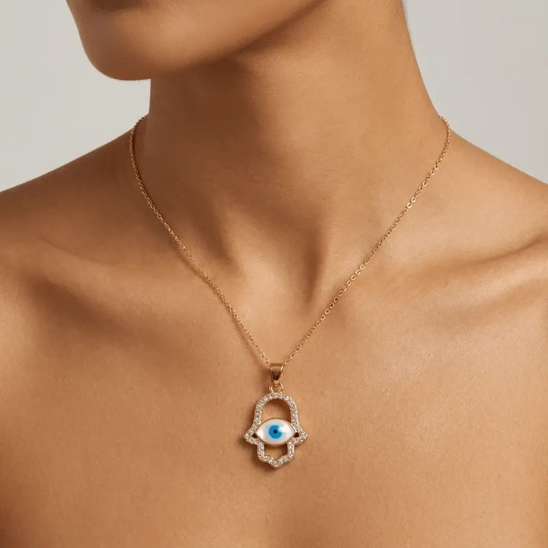 Hamsa Hand Gold Plated CZ Evil Eye Necklace for Protection & Good Luck