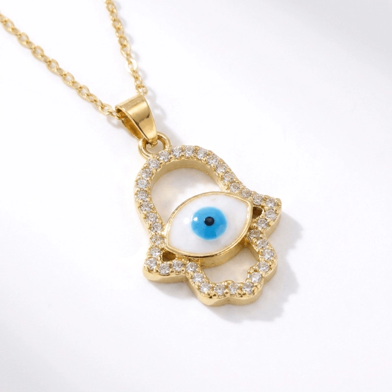 Hamsa Hand Gold Plated CZ Evil Eye Necklace for Protection & Good Luck