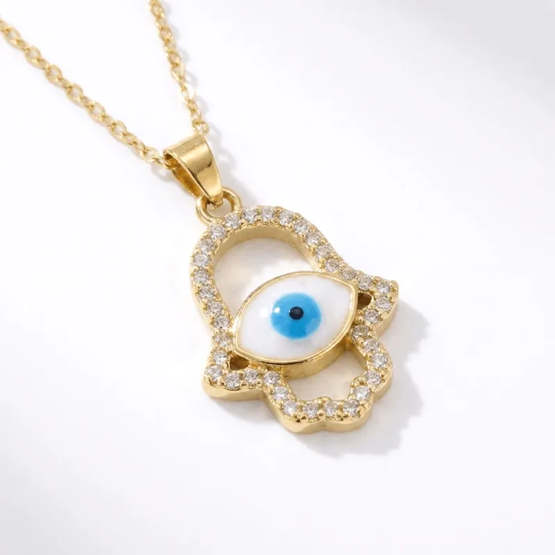 Hamsa Hand Gold Plated CZ Evil Eye Necklace for Protection & Good Luck