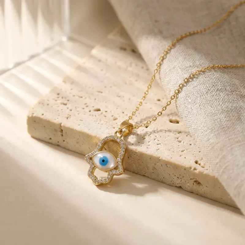 Hamsa Hand Gold Plated CZ Evil Eye Necklace for Protection & Good Luck