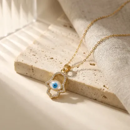 Hamsa Hand Gold Plated CZ Evil Eye Necklace for Protection & Good Luck