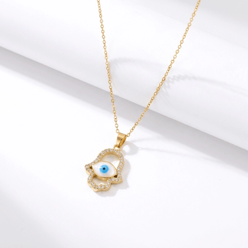 Hamsa Hand Gold Plated CZ Evil Eye Necklace for Protection & Good Luck