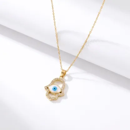 Hamsa Hand Gold Plated CZ Evil Eye Necklace for Protection & Good Luck