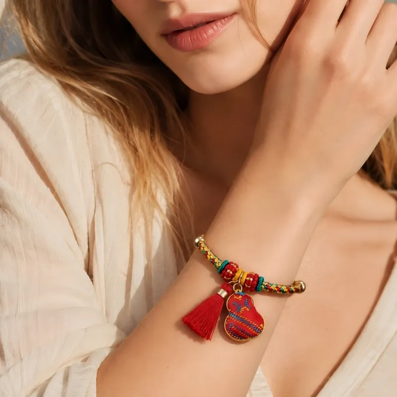 Hand-Braided Five-Color Cord Gourd Charm Bracelet – Longevity, Good Fortune & Protection