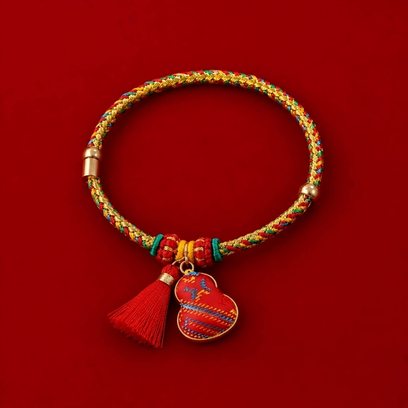 Hand-Braided Five-Color Cord Gourd Charm Bracelet – Longevity, Good Fortune & Protection