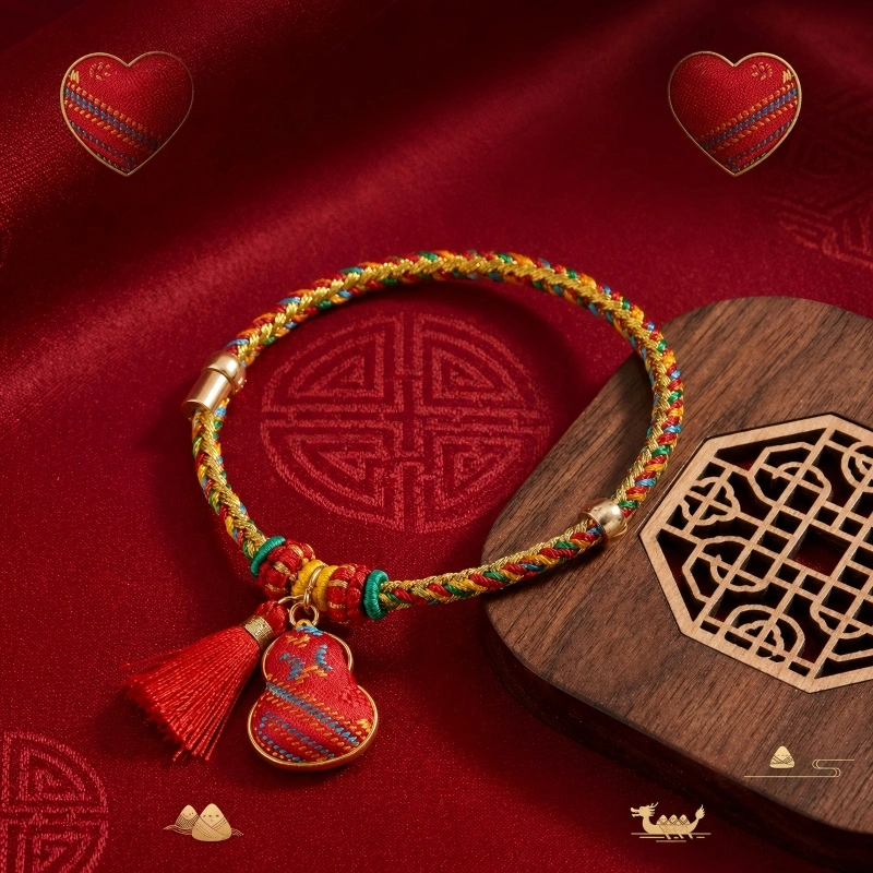 Hand-Braided Five-Color Cord Gourd Charm Bracelet – Longevity, Good Fortune & Protection