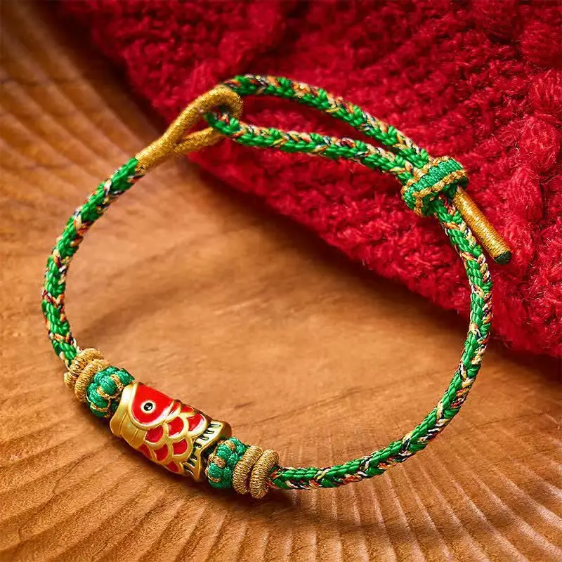 Hand-Braided Green Cord Bracelet with Colorful Koi Fish Charm