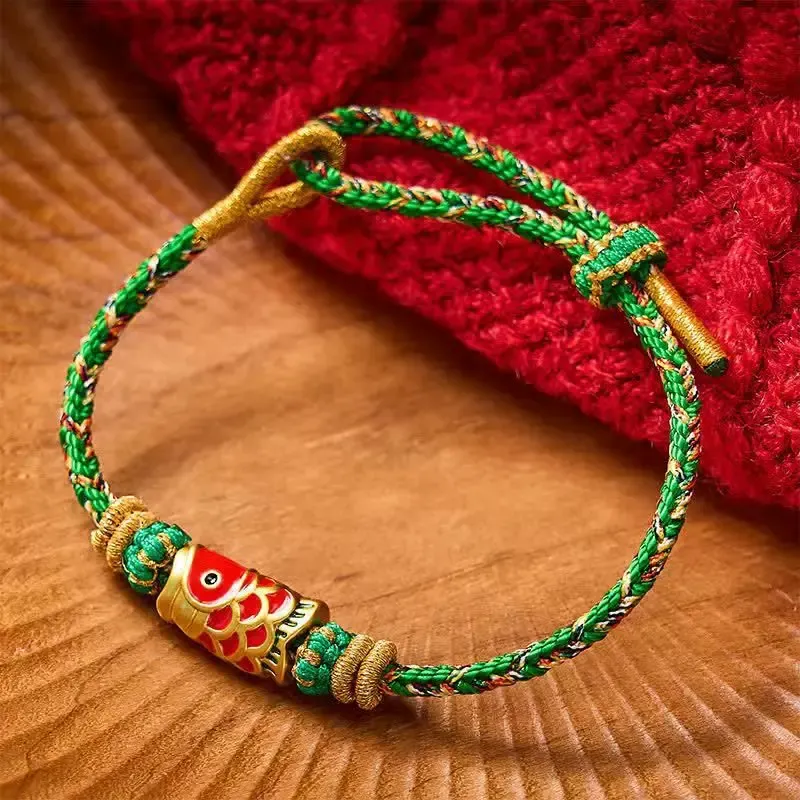 Hand-Braided Green Cord Bracelet with Colorful Koi Fish Charm